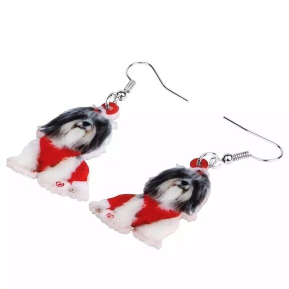 Shih Tzu Christmas Earrings Red Dog Santa Gift - Picture 2 of 5